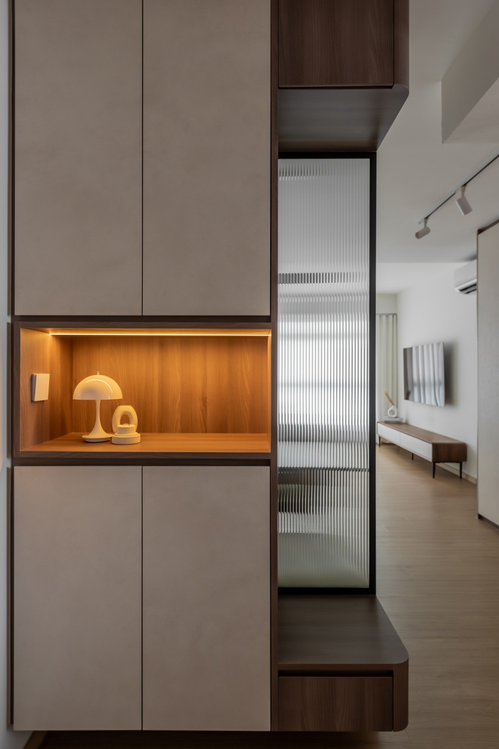 scandinavian entryway with seating bench and small storage