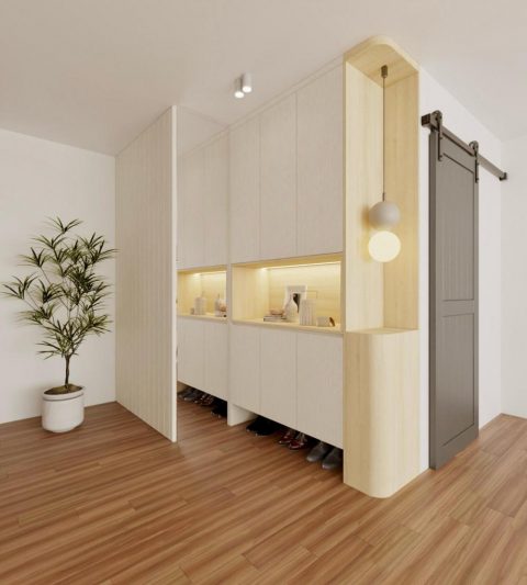 scandinavian entryway with vinyl flooring and feature wall