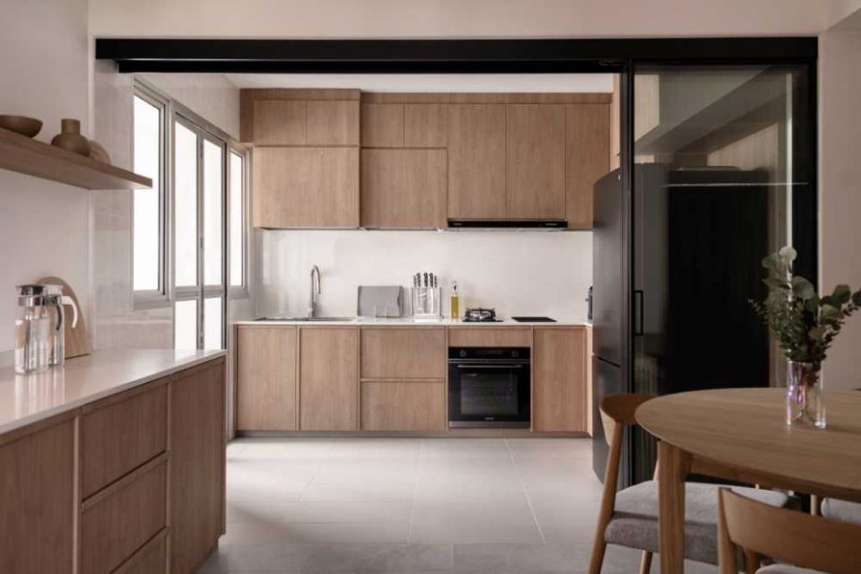scandinavian kitchen with countertop and vinyl flooring