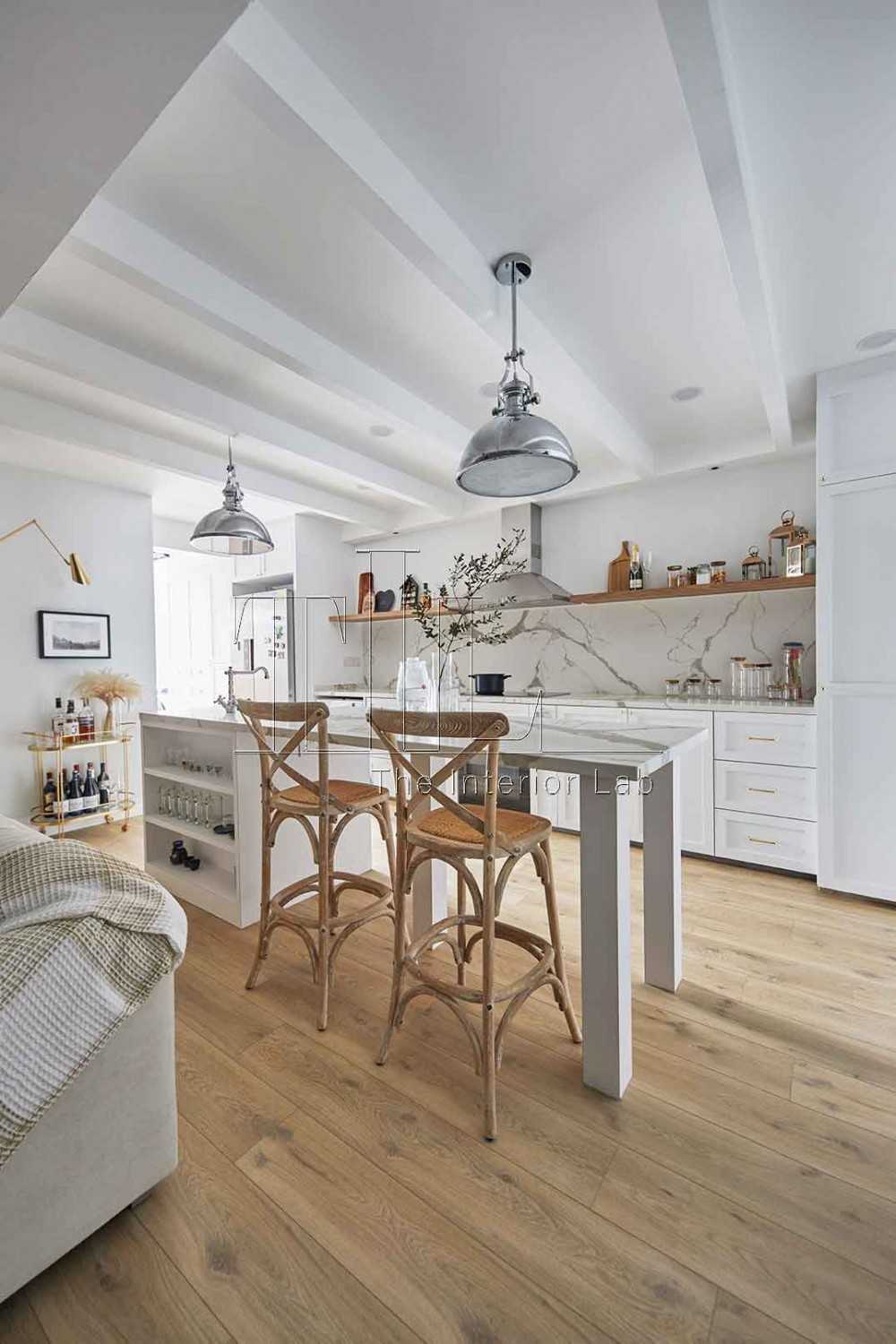 country kitchen with countertop and parquet floor