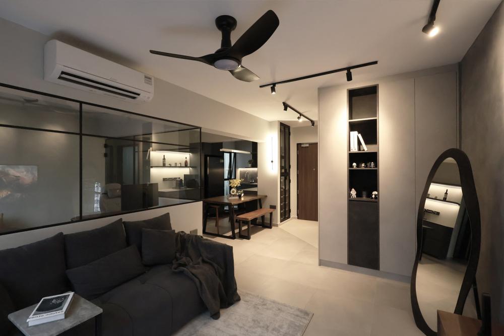 industrial living room with sofa and tv