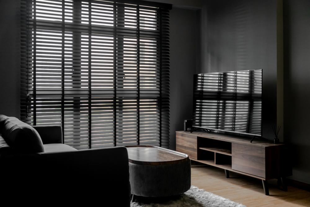 industrial living room with vinyl flooring and tv console