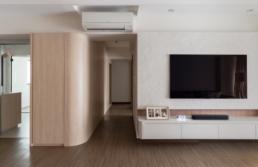 scandinavian living room with tv console and feature wall