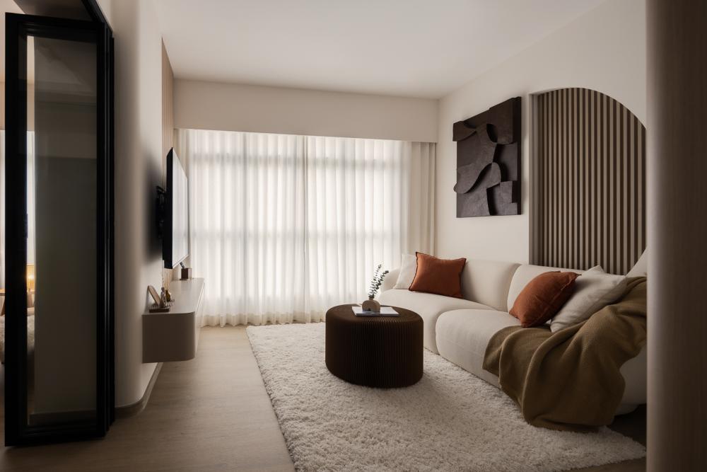 scandinavian living room with vinyl flooring and tv console