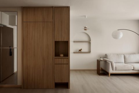 scandinavian living room with wood flooring and sofa