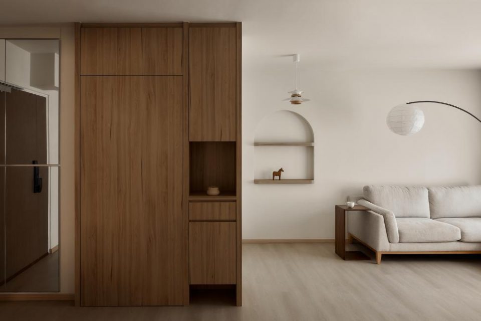 scandinavian living room with wood flooring and sofa