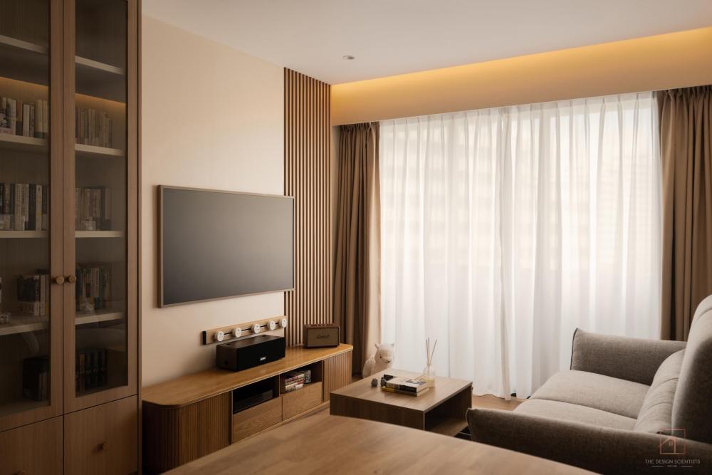 asian living room with bookshelf and tv console