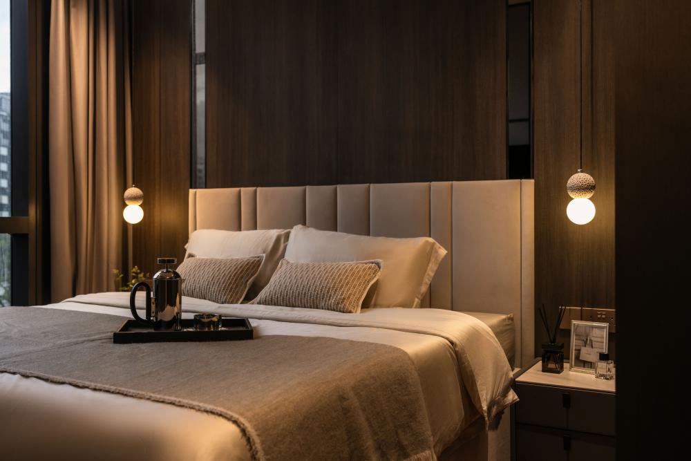contemporary bedroom with bookshelf and platform bed