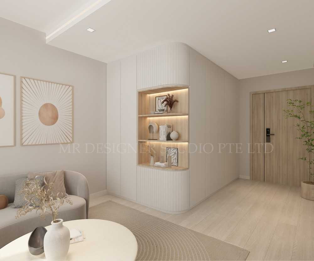 contemporary living room with bookshelf and vinyl flooring