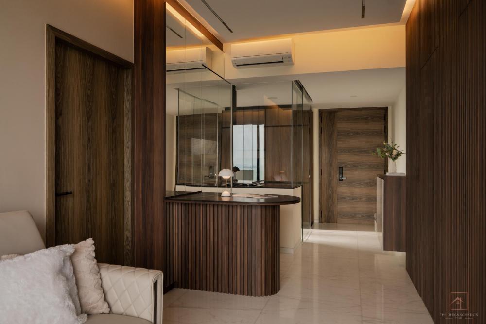 contemporary living room with countertop and cove lighting