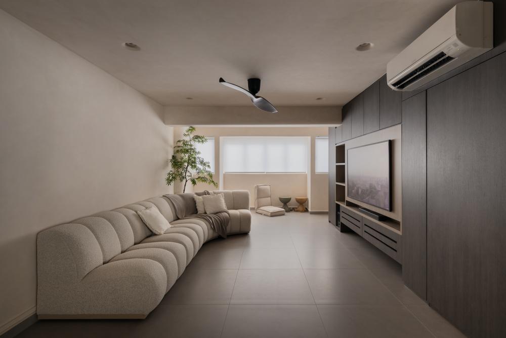 contemporary living room with homogeneous tiles and tv console 2