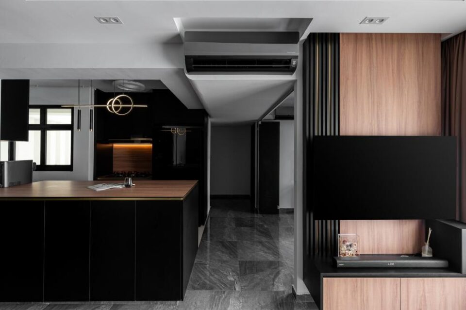 contemporary living room with homogeneous tiles and tv console