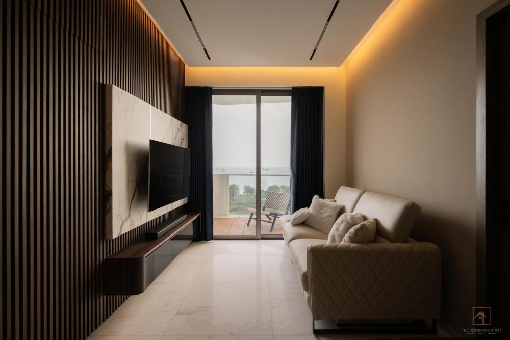 contemporary living room with tv console and feature wall