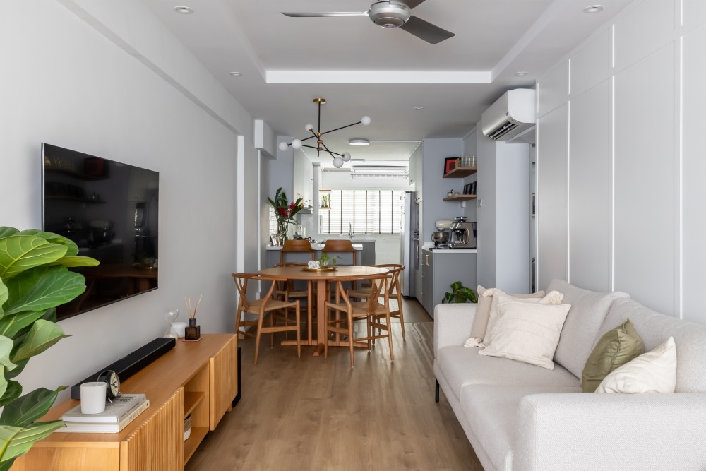 contemporary living room with vinyl flooring and tv console