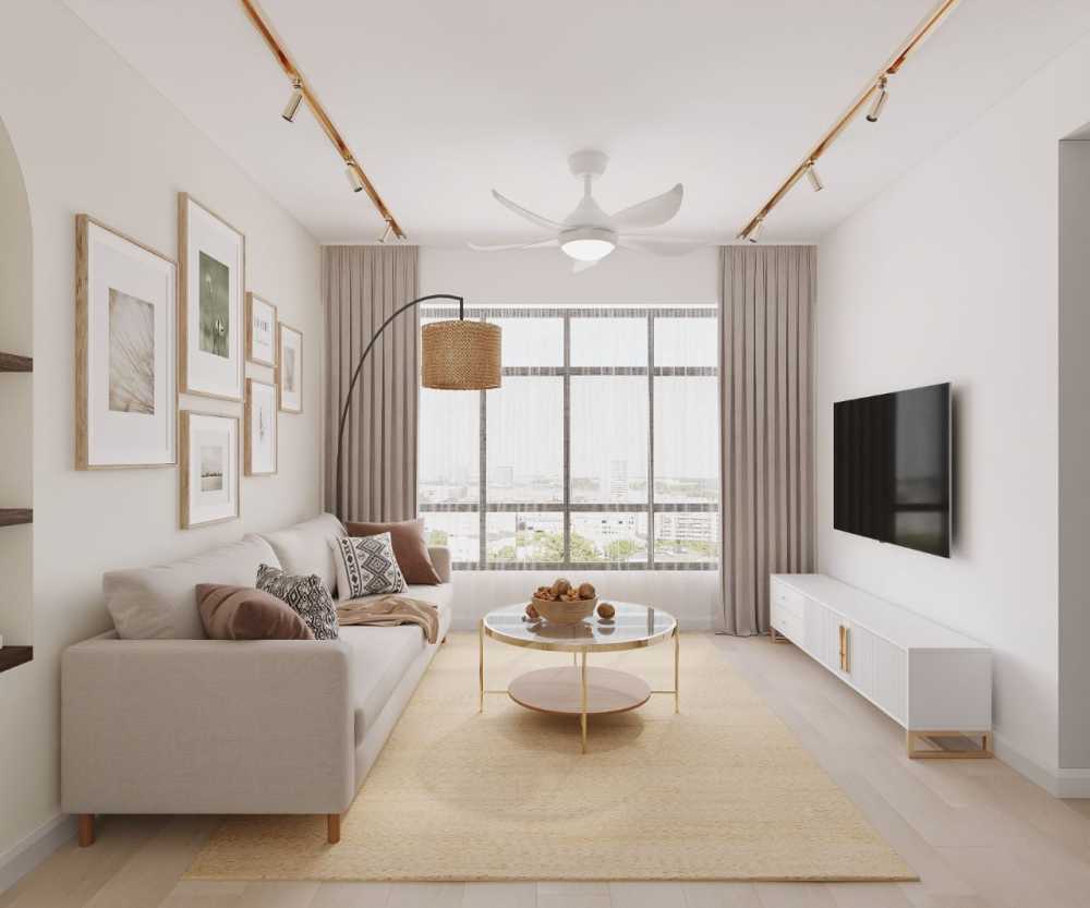 contemporary living room with vinyl flooring and tv console3