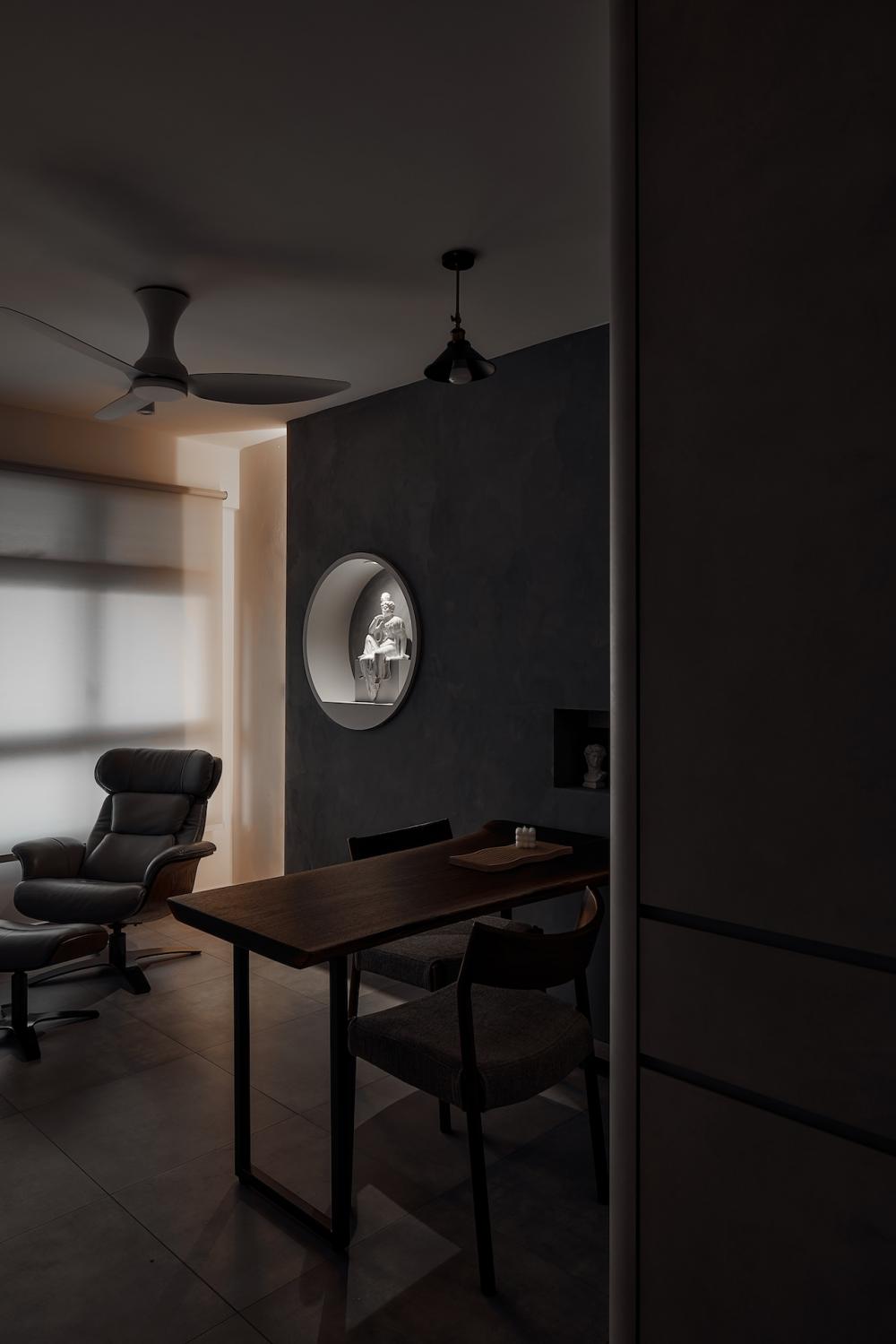 industrial living room with cement floor and cove lighting
