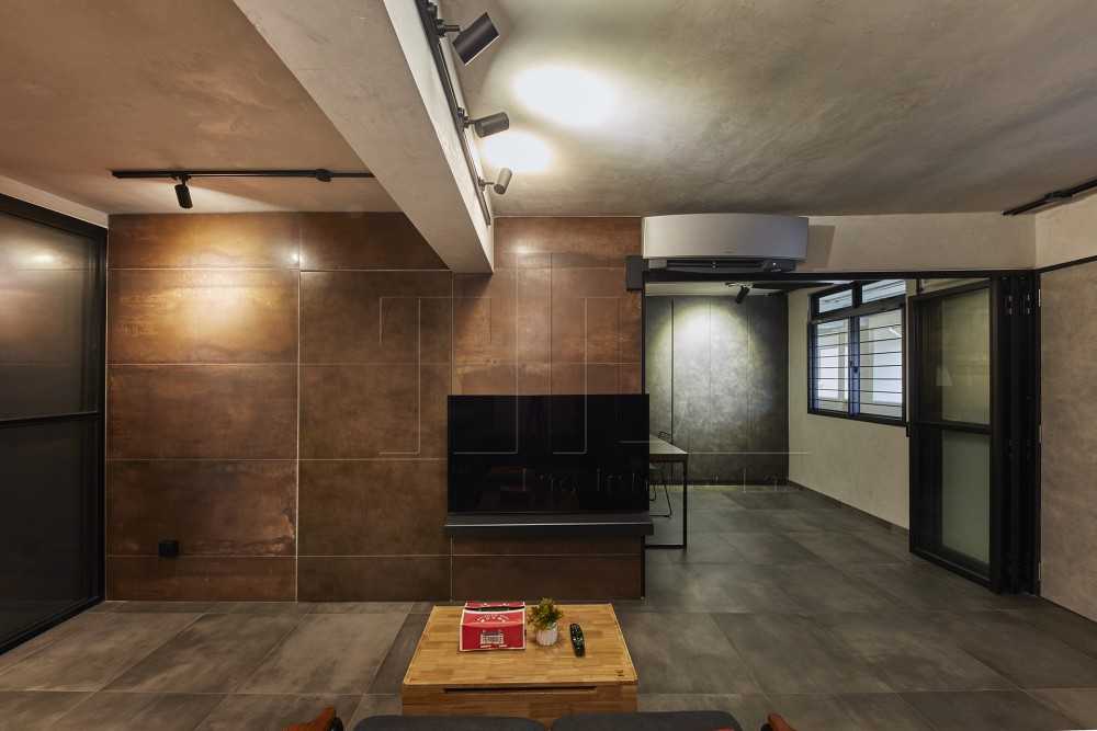 industrial living room with tv console and coffee table