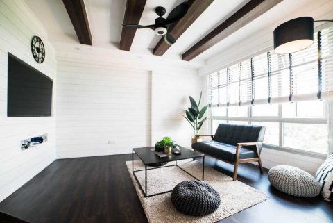 industrial living room with vinyl flooring and tv console