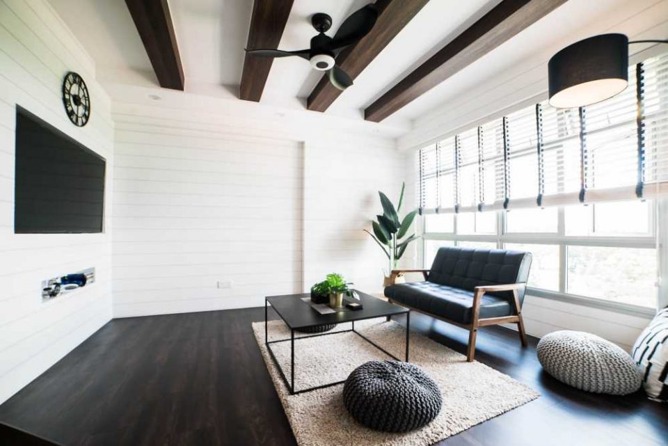 industrial living room with vinyl flooring and tv console