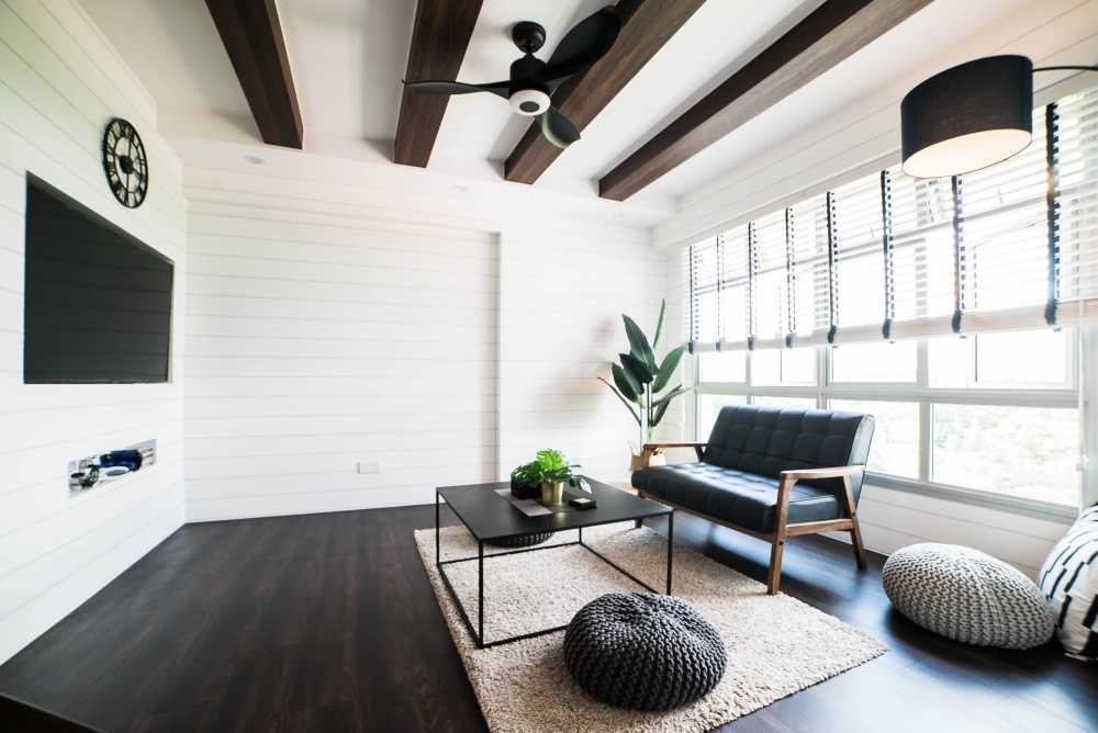 industrial living room with vinyl flooring and tv console
