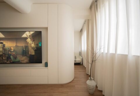 minimalist living room with tv and display cabinets