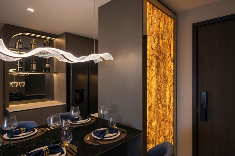 modern dining room with drop ceiling and dining table