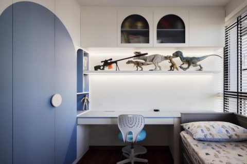 modern kids room with bookshelf and toys