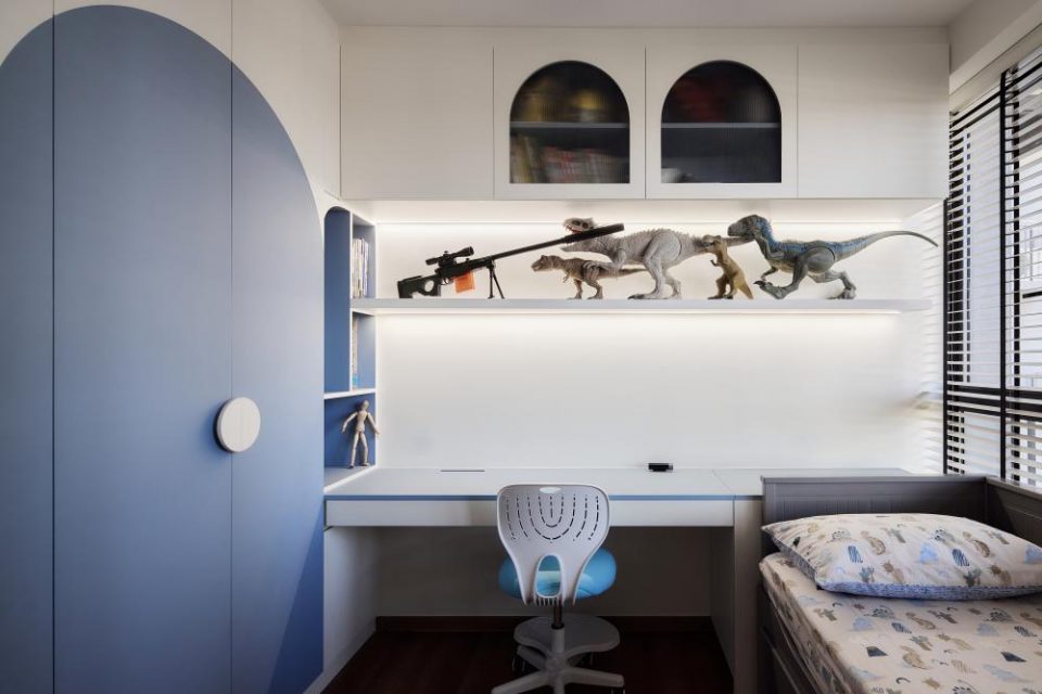 modern kids room with bookshelf and toys