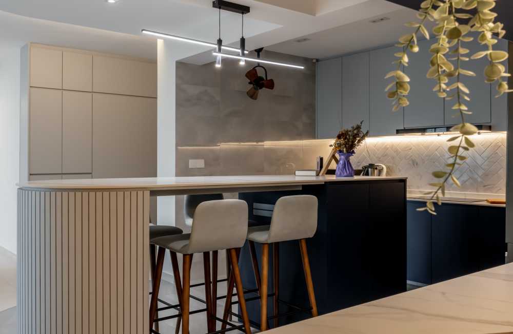 modern kitchen with countertop and kitchen island
