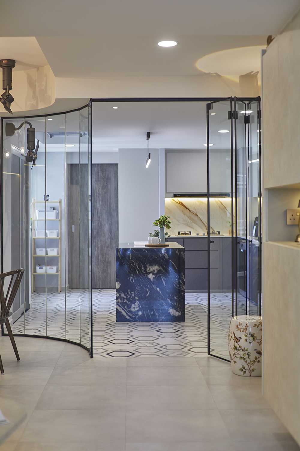 modern kitchen with parquet floor and cement floor
