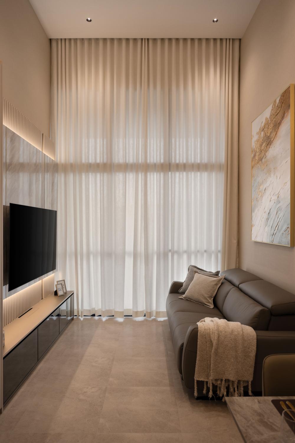 modern living room with feature wall and bay window