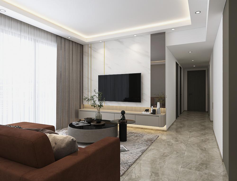 modern living room with tv console and feature wall