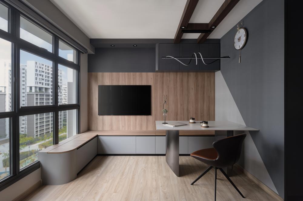 modern living room with tv console and tv