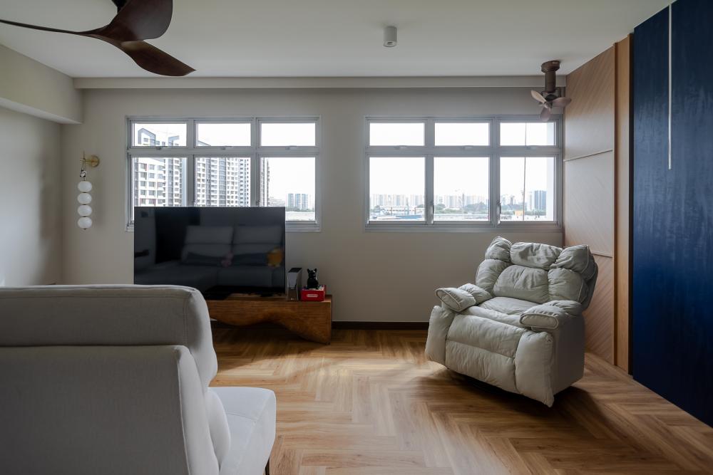 modern living room with vinyl flooring and herringbone tiling