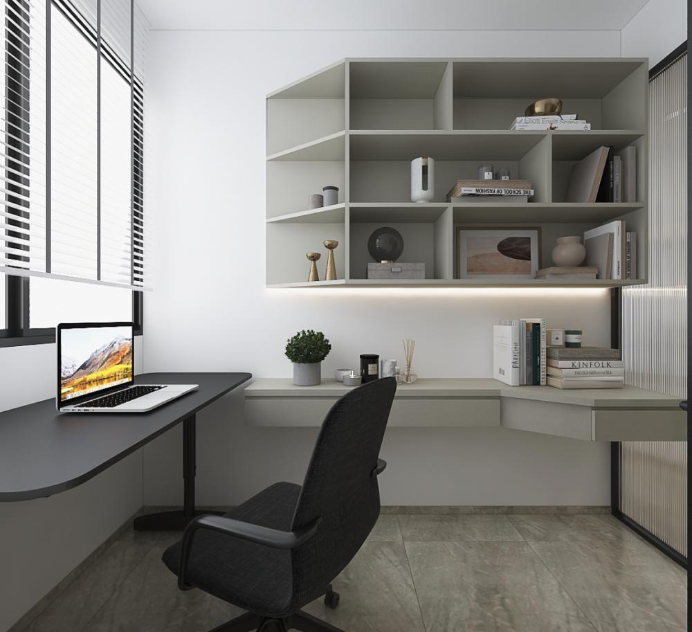 modern study with bookshelf and wall shelves