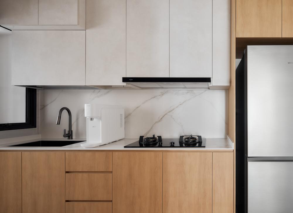 scandinavian kitchen with countertop and kitchen tap
