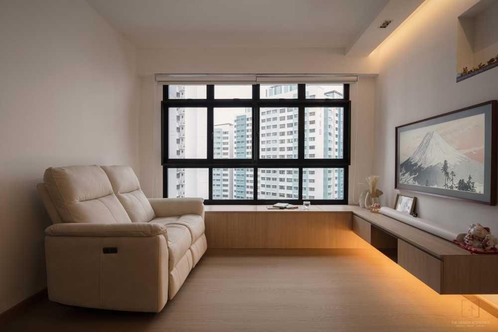 scandinavian living room with settee and tv console