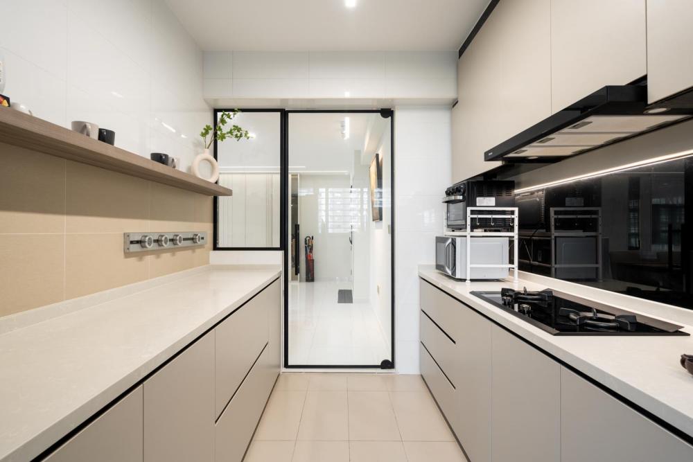 contemporary kitchen with vinyl flooring and open kitchen