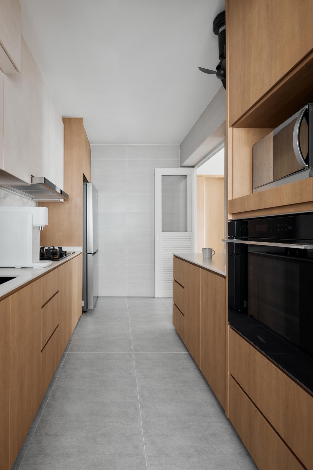 scandinavian kitchen with breakfast counter and kitchen tap