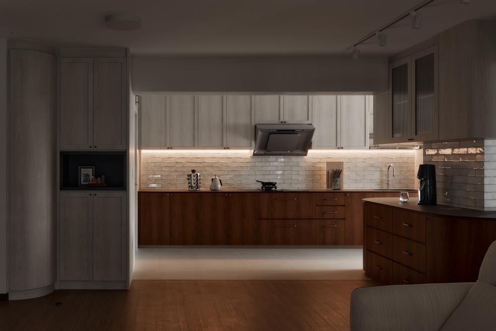 asian kitchen with countertop and parquet floor