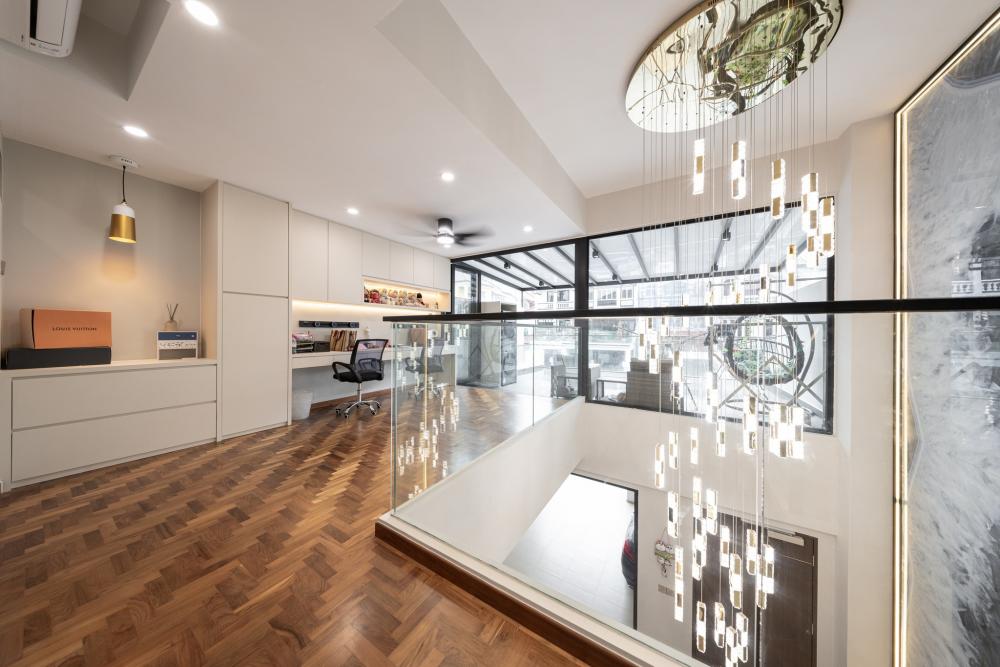 contemporary study with parquet floor and canopy