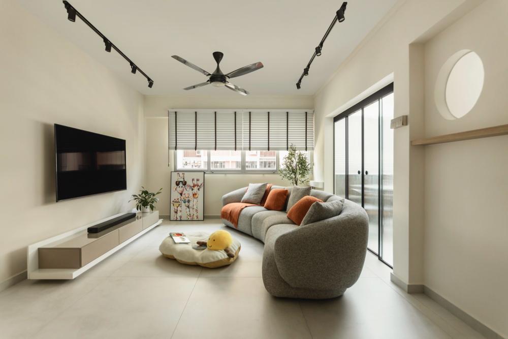 minimalist living room with tv console and sofa