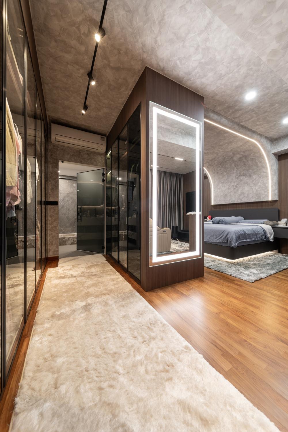 modern walk in wardrobe with parquet floor and mirror