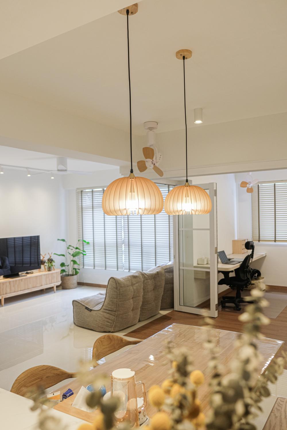 scandinavian living room with parquet floor and downlights