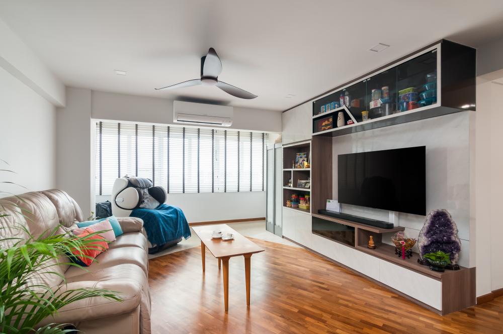 scandinavian living room with parquet floor and tv console