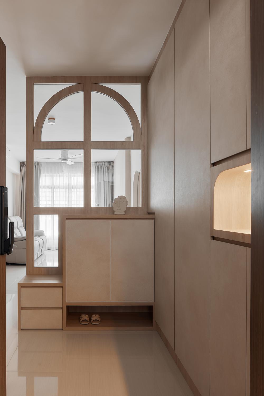 scandinavian entryway with seating bench and shoe rack 2