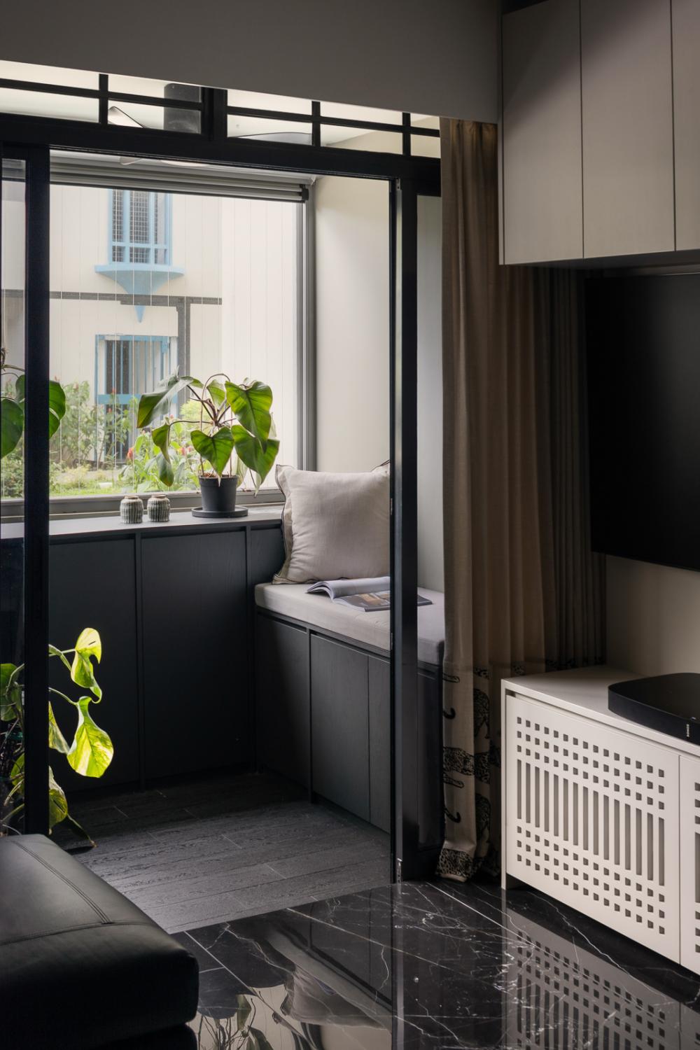 asian balcony with window seat and seating bench