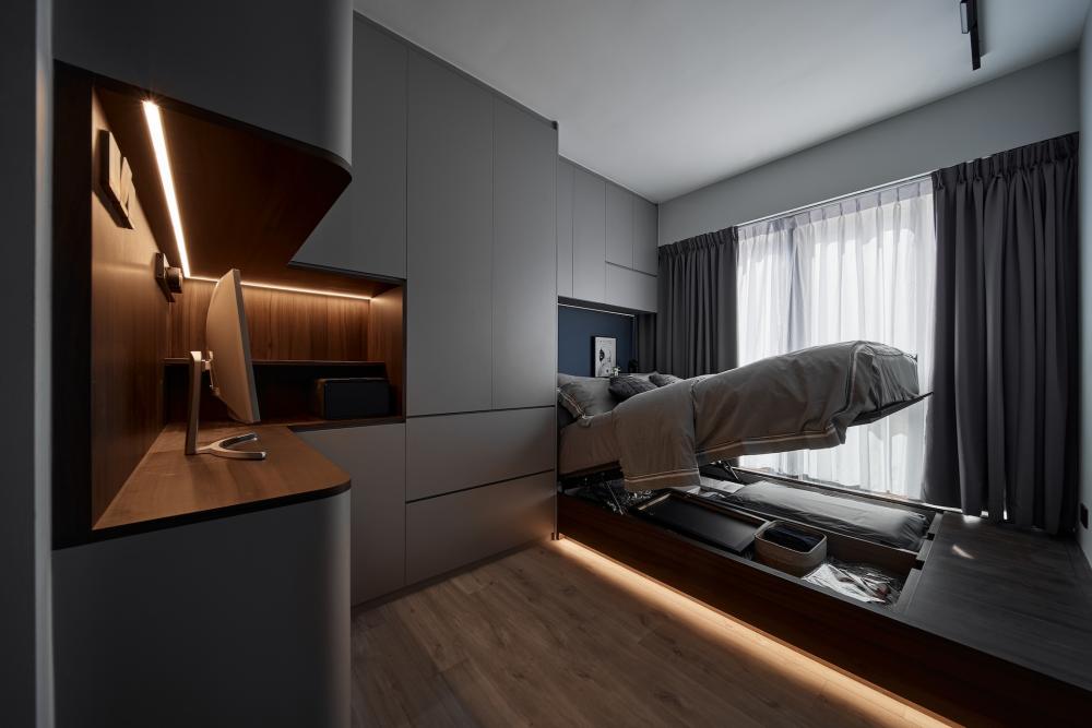 contemporary bedroom with bookshelf and platform bed