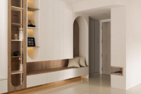 modern entryway with storage cabinets and shoe cabinets