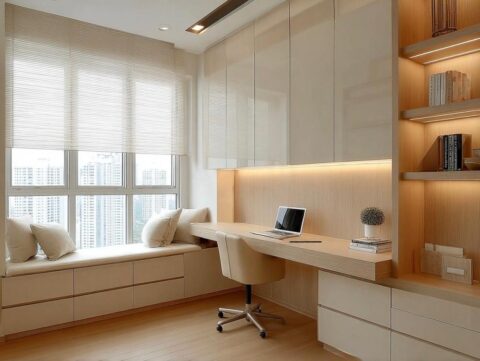 contemporary study with bookshelf and lighting